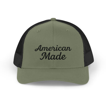 American Made Trucker Hat – Embroidered Patriotic Hat with Retro Script for USA Pride and Everyday Freedom. Black Letters