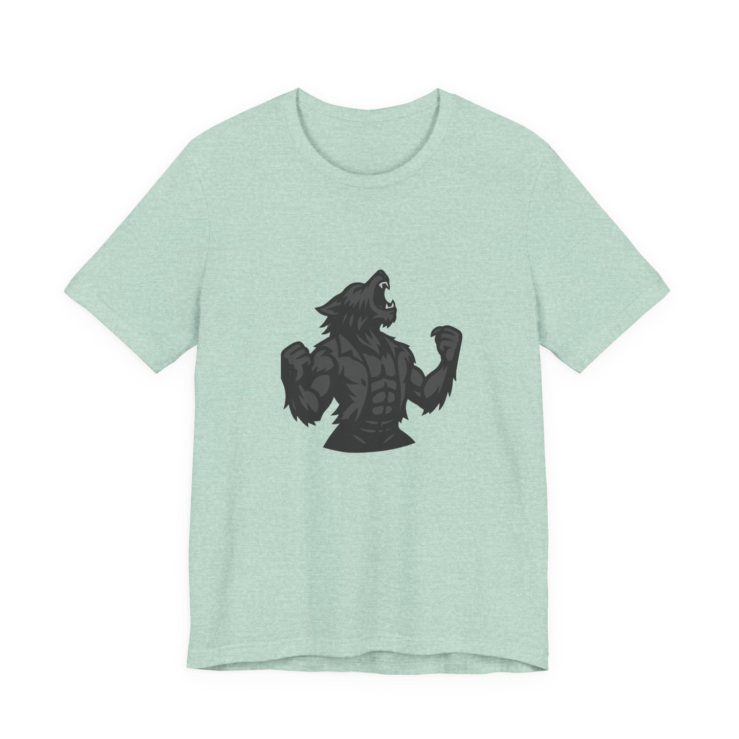 Werewolf Transformation T-Shirt – Dark Theme Grayscale Muscular Monster Design on Black Tee with Savage Energy and Modern Ghost Effect. Unisex Jersey Short Sleeve Tee