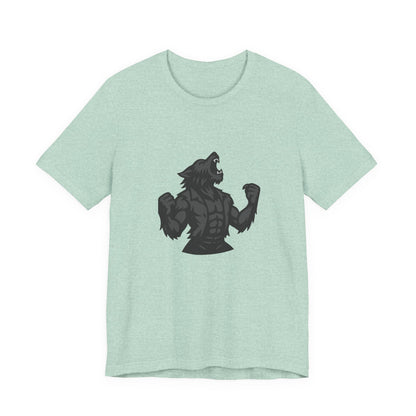 Werewolf Transformation T-Shirt – Dark Theme Grayscale Muscular Monster Design on Black Tee with Savage Energy and Modern Ghost Effect. Unisex Jersey Short Sleeve Tee