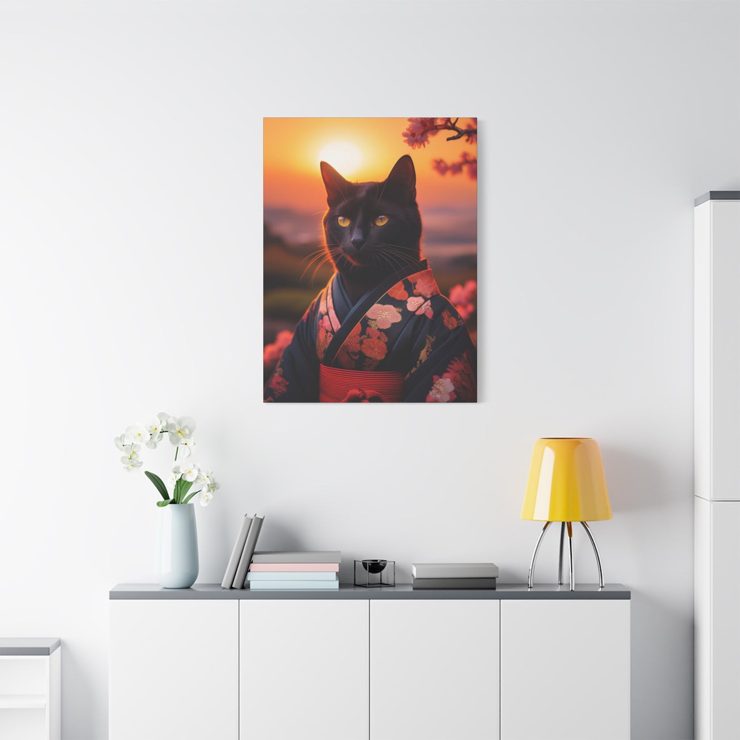 Zen Whiskers: Geisha Cat at Sunset Canvas Art | Stretched Matte Wall Decor 001