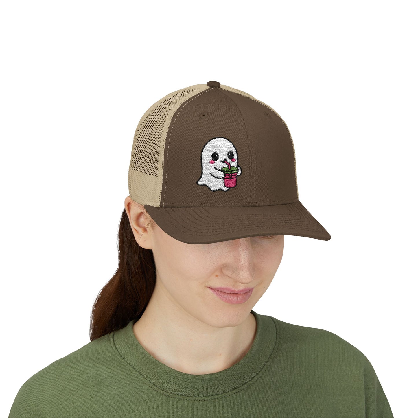 Cute Ghost Trucker Hat – Embroidered Kawaii Ghost Drinking Hat for Halloween Vibes and Everyday Boo Energy
