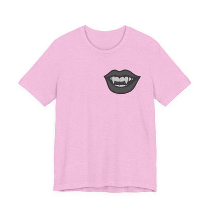 Vampire Mouth Graphic T-Shirt – Dark Theme Grayscale Fanged Lips on Black Tee with Gothic Bite and Modern Ghost Effect. Unisex Jersey Short Sleeve Tee