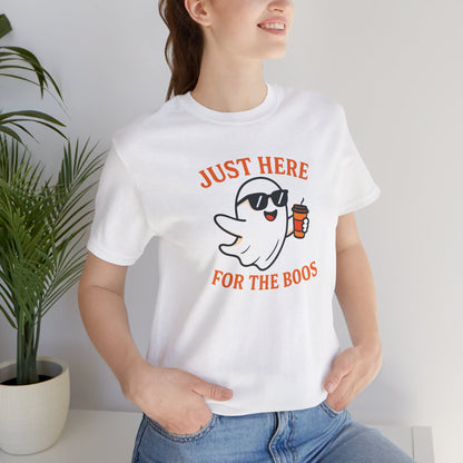 Just Here for the Boos Halloween Shirt – Funny Ghost Drinking Coffee Graphic Tee for Spooky Season