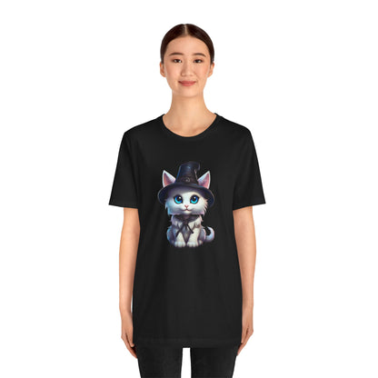 Adorable Witch Cat Halloween Shirt – Cute White Cat in Hat Graphic Tee for Cat Lovers and Halloween Fans