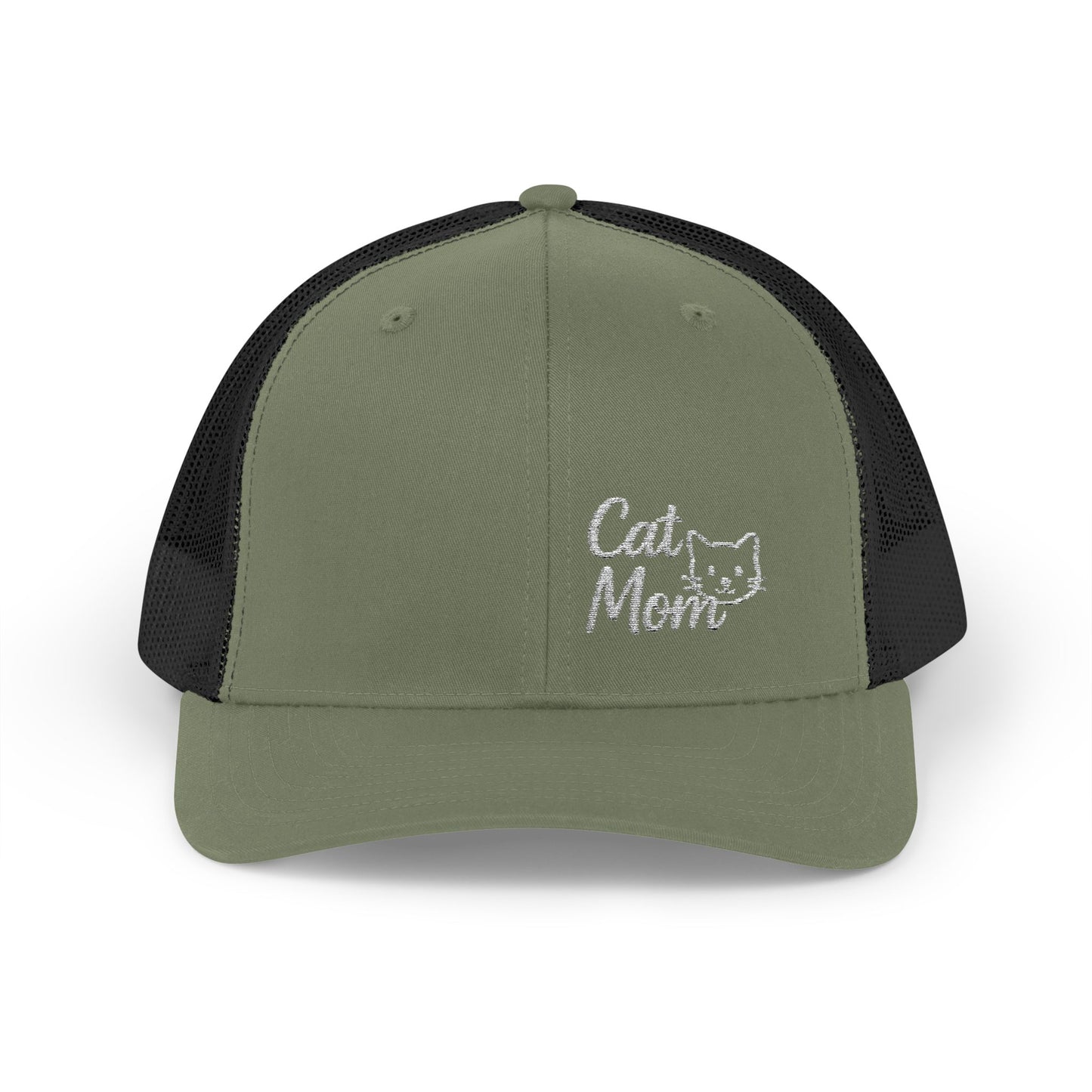 Cat Mom Trucker Hat – Embroidered Minimalist Cat Face Hat for Proud Pet Moms and Stylish Feline Fans. White letters