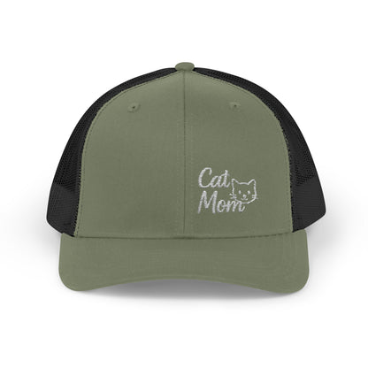 Cat Mom Trucker Hat – Embroidered Minimalist Cat Face Hat for Proud Pet Moms and Stylish Feline Fans. White letters