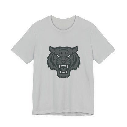 Tiger Head Graphic T-Shirt – Dark Theme Grayscale Roaring Beast Design on Black Tee with Fierce Focus and Modern Ghost Effect. Unisex Jersey Short Sleeve Tee