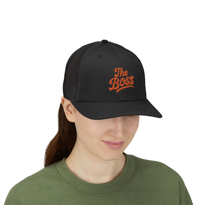 The Boss Trucker Hat – Embroidered Statement Hat for Power Moves Only. Orange Letters