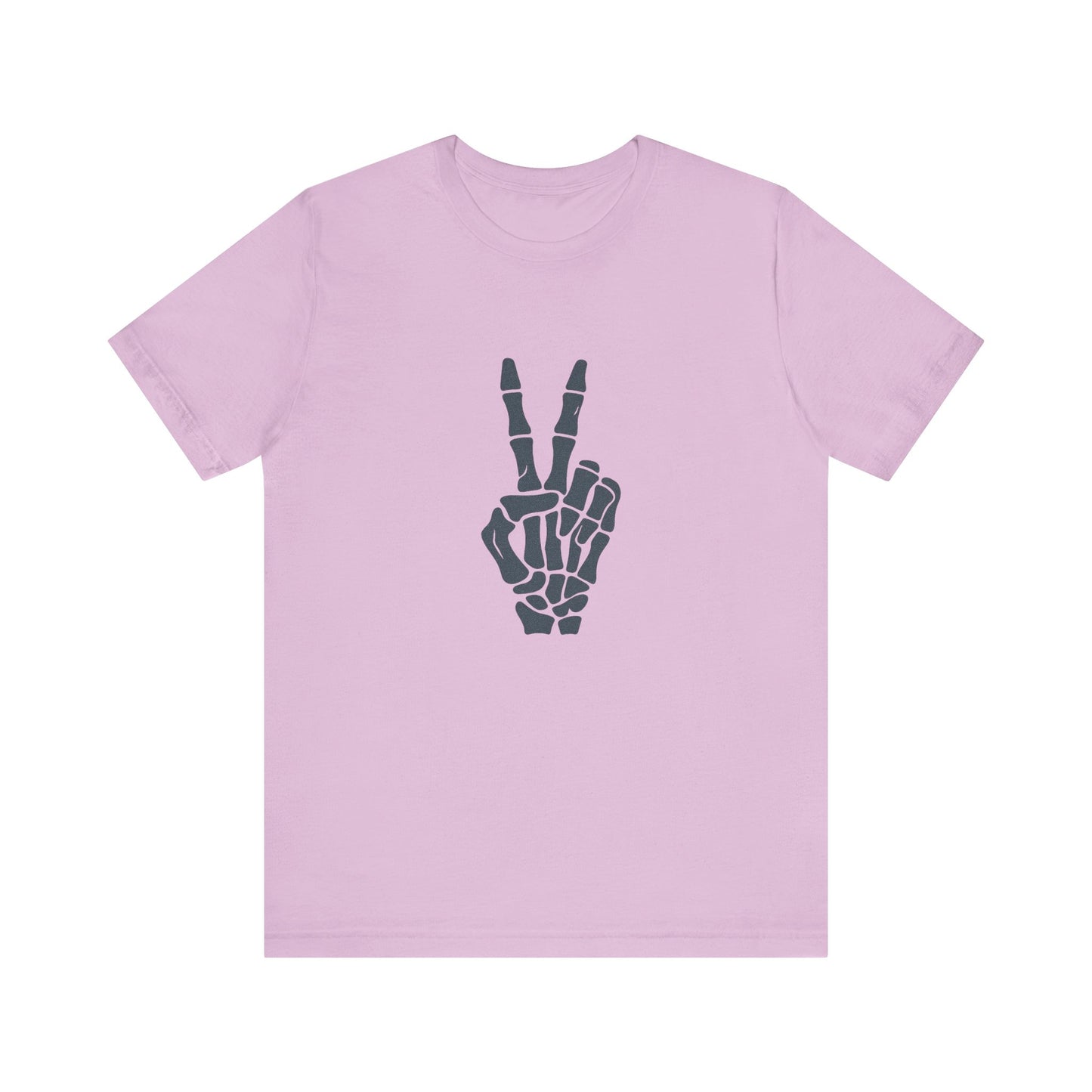 Skeleton Peace Hand Graphic T-Shirt – Gritty Dark Theme Grayscale Bones on Black Tee with Rebellious Calm and Modern Ghost Effect. Unisex Jersey Short Sleeve Tee