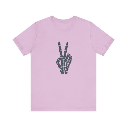 Skeleton Peace Hand Graphic T-Shirt – Gritty Dark Theme Grayscale Bones on Black Tee with Rebellious Calm and Modern Ghost Effect. Unisex Jersey Short Sleeve Tee