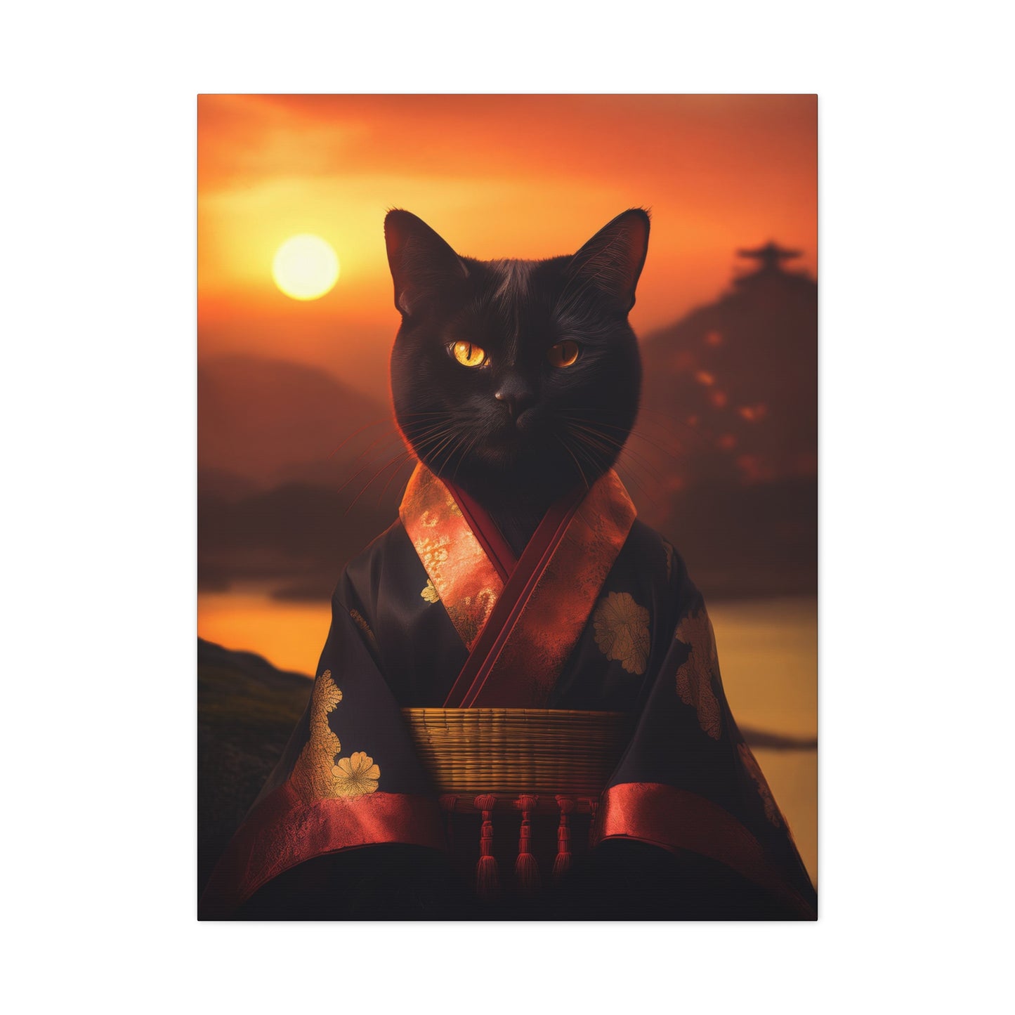 Zen Whiskers: Geisha Cat at Sunset Canvas Art | Stretched Matte Wall Decor 002