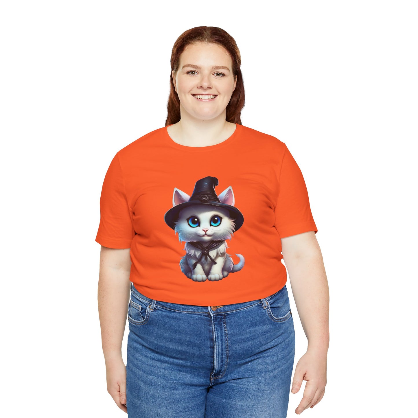 Adorable Witch Cat Halloween Shirt – Cute White Cat in Hat Graphic Tee for Cat Lovers and Halloween Fans