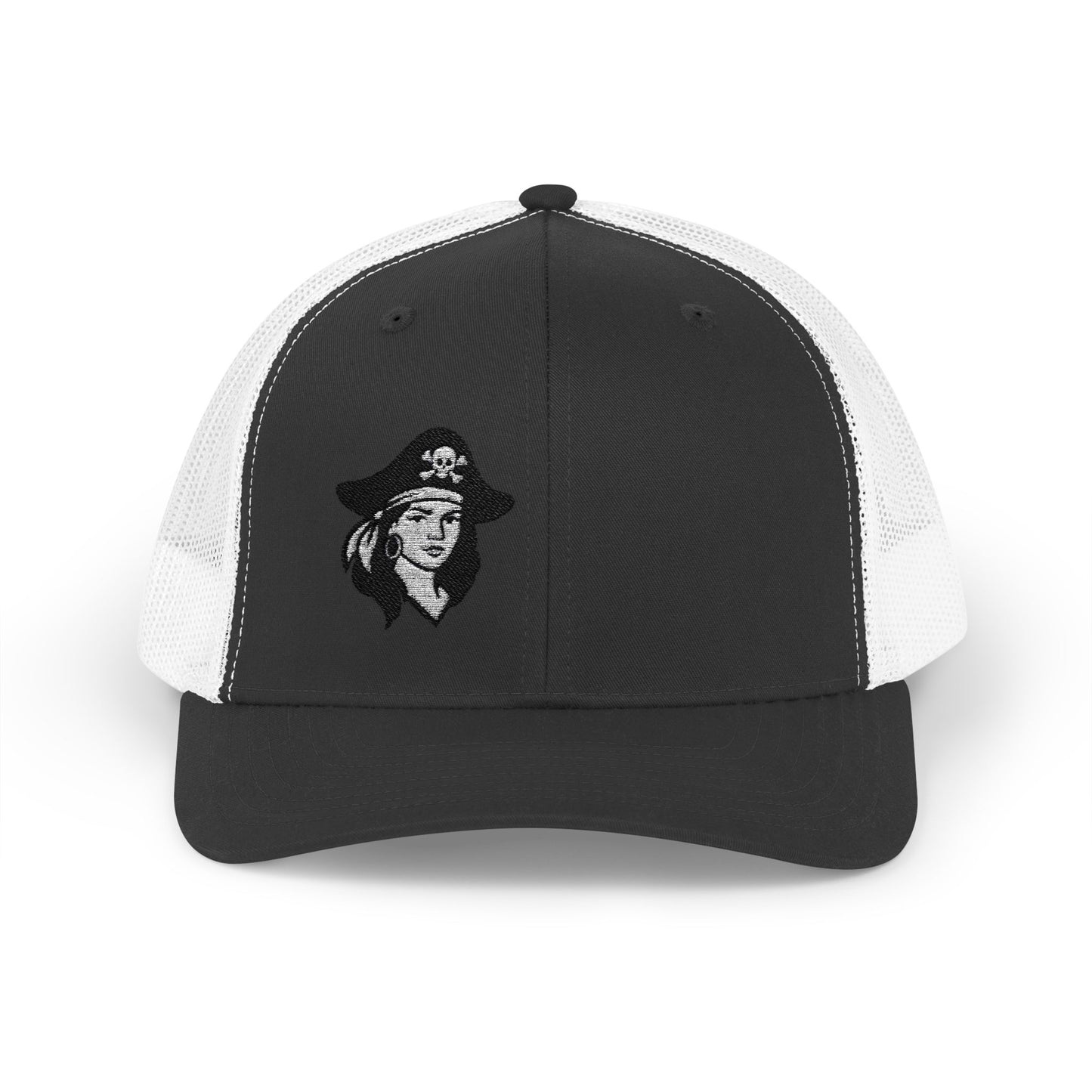 Hot Pirate Girl Trucker Hat – Bold Skull and Crossbones Hat with Retro Attitude and Seafaring Sass