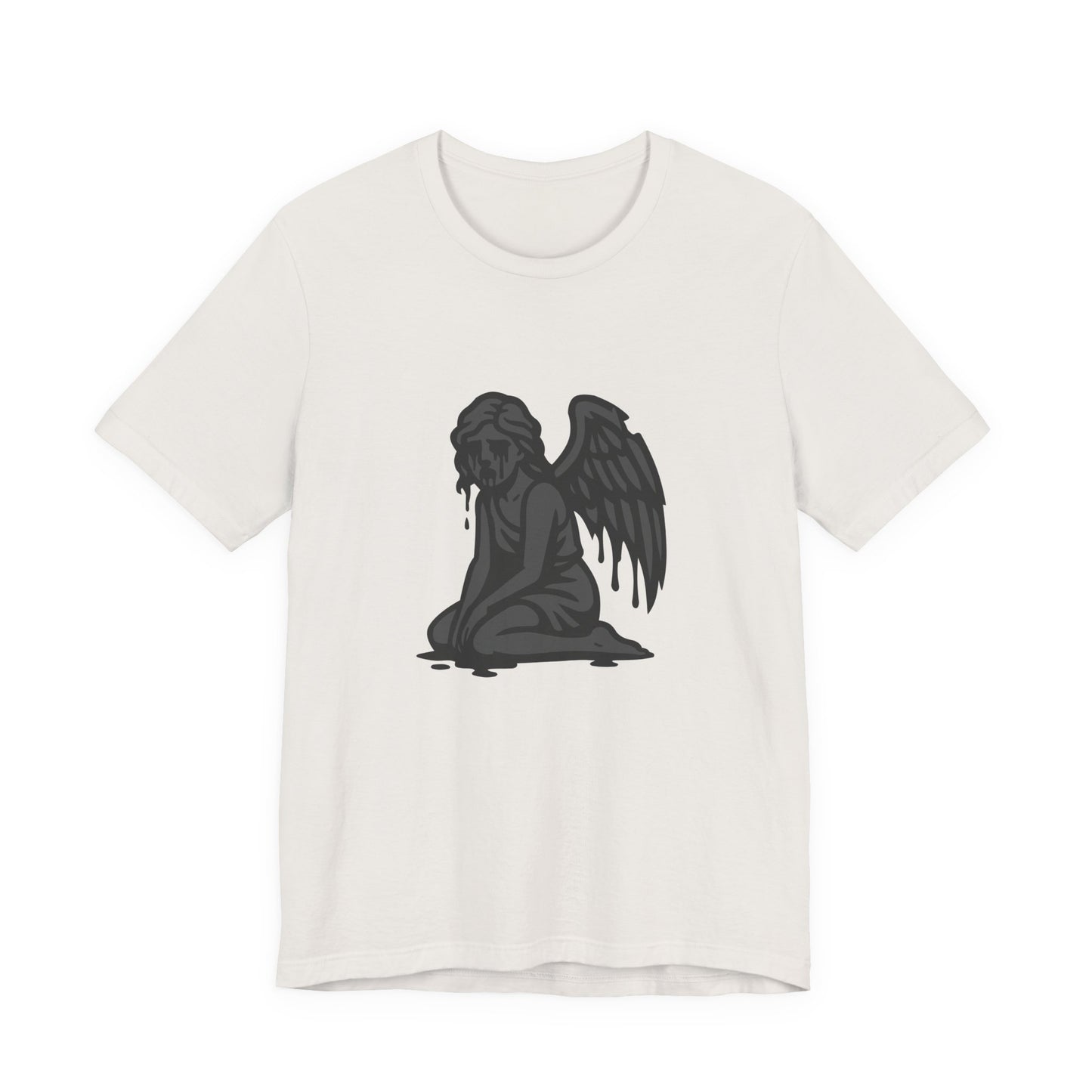 Fallen Angel Dark Theme Graphic T-Shirt – Dark Grayscale Crying Angel Design on Black Tee with Gothic Mood and Modern Ghost Effect. Unisex Jersey Short Sleeve Tee