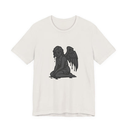 Fallen Angel Dark Theme Graphic T-Shirt – Dark Grayscale Crying Angel Design on Black Tee with Gothic Mood and Modern Ghost Effect. Unisex Jersey Short Sleeve Tee