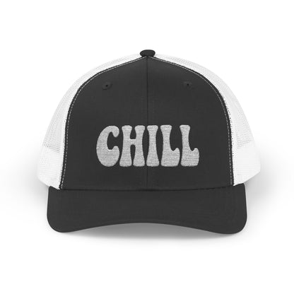 Chill Trucker Hat – Embroidered Relaxed Script Hat for Easygoing Vibes and Everyday Cool. White Letters