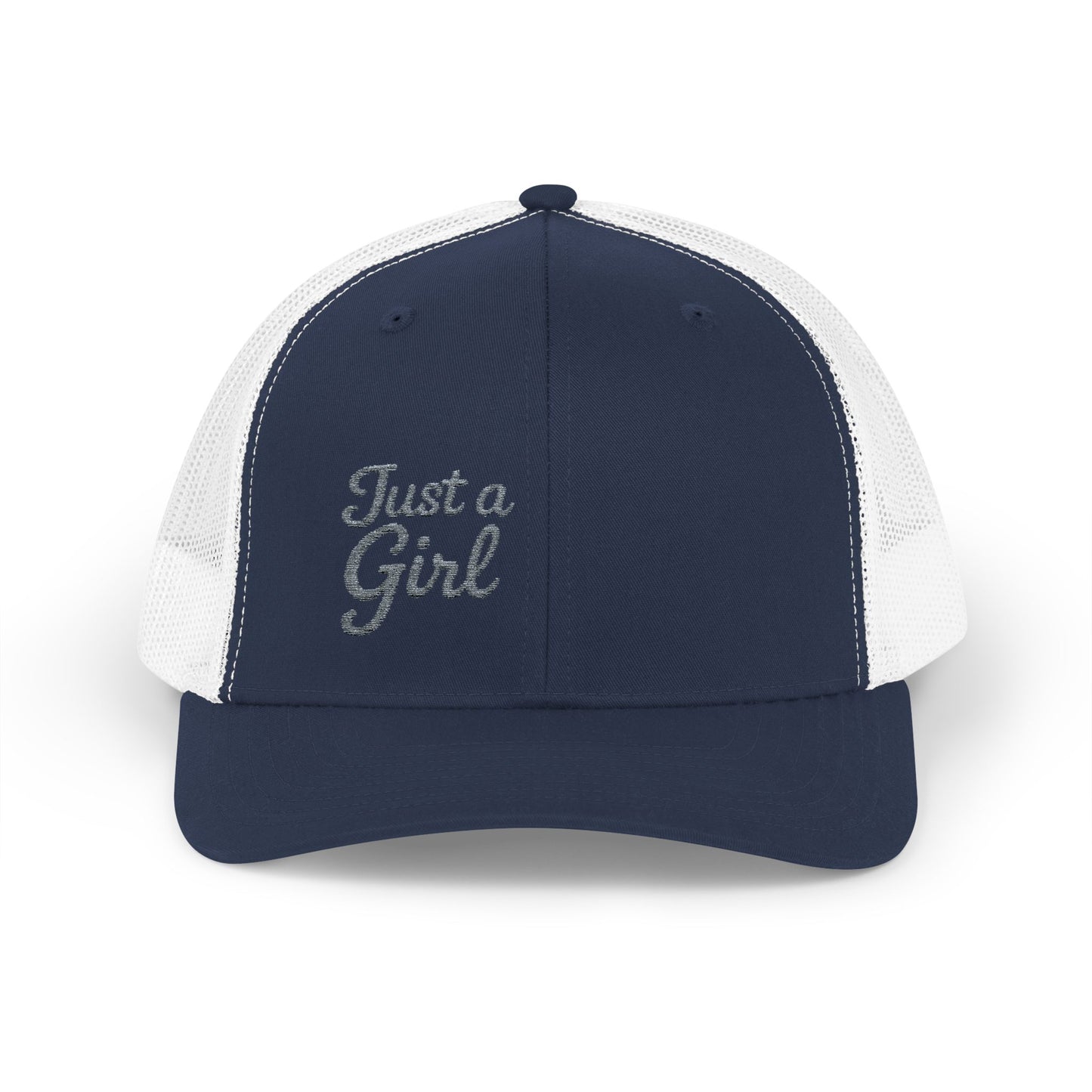 Just a Girl Trucker Hat – Minimalist Script Hat with Bold Feminine Energy and Classic Style. Grey Letters