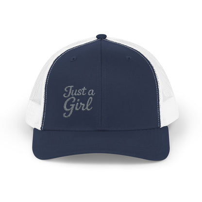 Just a Girl Trucker Hat – Minimalist Script Hat with Bold Feminine Energy and Classic Style. Grey Letters