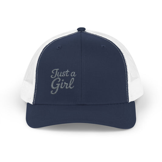 Just a Girl Trucker Hat – Minimalist Script Hat with Bold Feminine Energy and Classic Style. Grey Letters