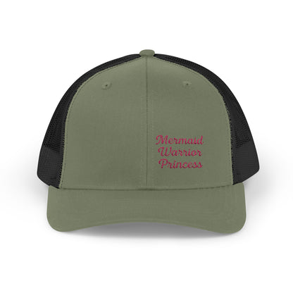 Mermaid Warrior Princess Trucker Hat – Embroidered Bold Text Hat for Magical Queens. Pink Letters