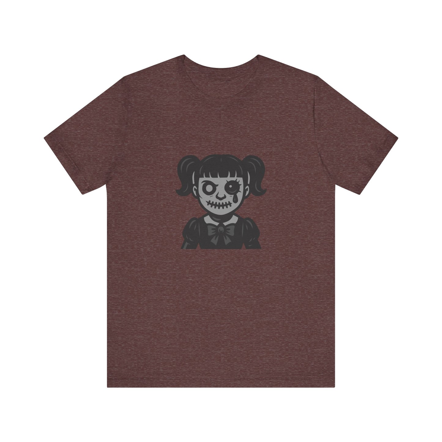 Scary Doll Graphic T-Shirt – Dark Theme Grayscale Creepy Cute Girl Design on Black Tee with Haunted Vibes and Modern Ghost Effect. Unisex Jersey Short Sleeve Tee