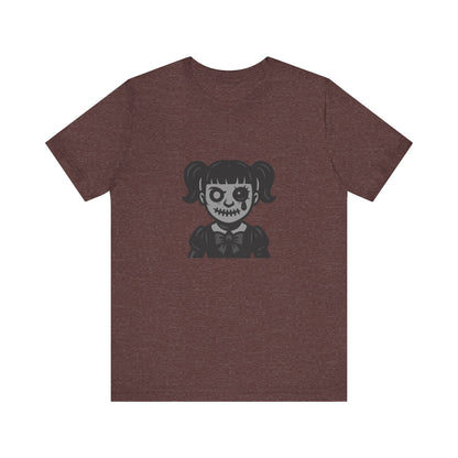 Scary Doll Graphic T-Shirt – Dark Theme Grayscale Creepy Cute Girl Design on Black Tee with Haunted Vibes and Modern Ghost Effect. Unisex Jersey Short Sleeve Tee
