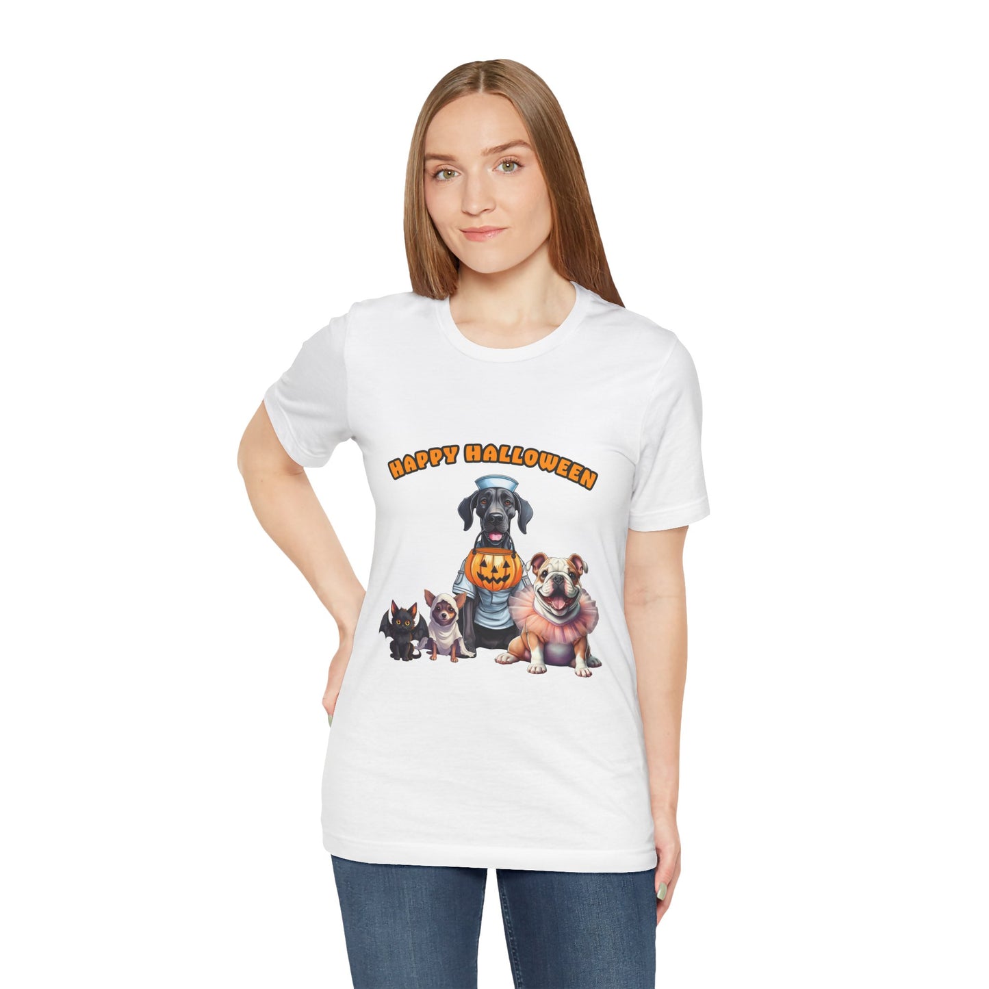 Happy Halloween Pet Parade Shirt – Cute Halloween Dogs and Cat in Costumes. Unisex Jersey Short Sleeve Tee