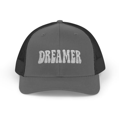 Dreamer Trucker Hat – Embroidered Minimalist Script Hat for Visionaries, Creatives, and Chill Daydreamers. White Letters