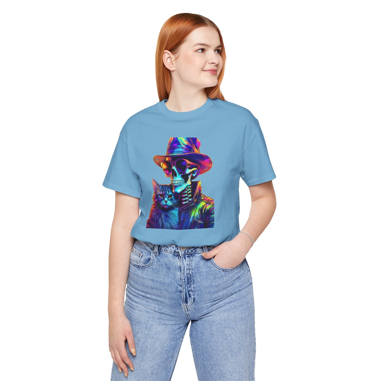 Cool Skeleton and Cat Halloween Shirt – Neon Retro Horror Graphic Tee for Spooky Style and Cat Lovers