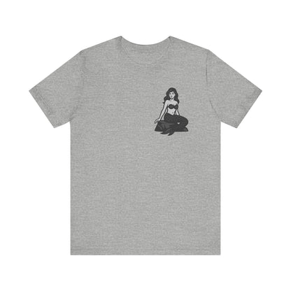 Mermaid Graphic T-Shirt – Dark Theme Grayscale Siren on Rock Design on Black Tee with Fantasy Vibes and Modern Ghost Effect. Unisex Jersey Short Sleeve Tee
