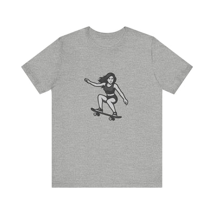 Skater Girl Graphic T-Shirt – Dark Theme Grayscale Skateboarding Design on Black Tee with Bold Motion and Modern Ghost Effect. Unisex Jersey Short Sleeve Tee