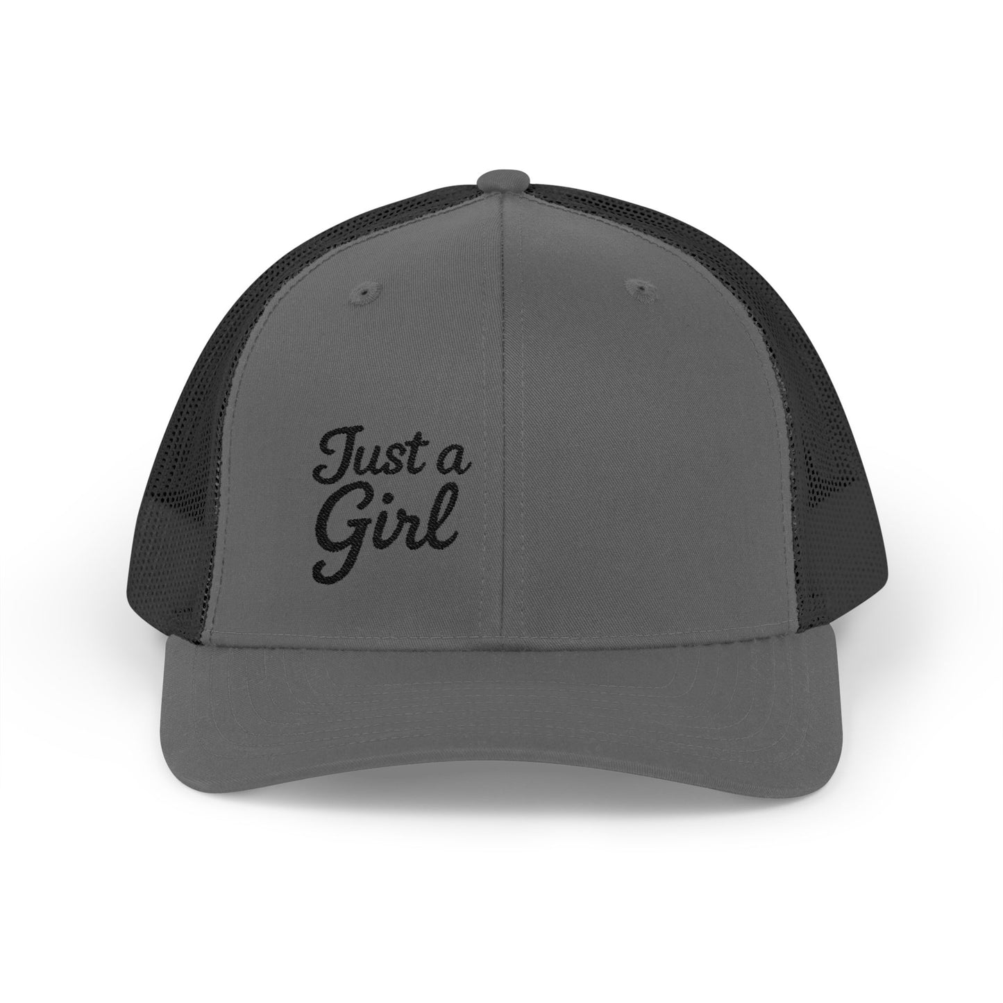 Just a Girl Trucker Hat – Minimalist Script Hat with Bold Feminine Energy and Classic Style. Black Letters