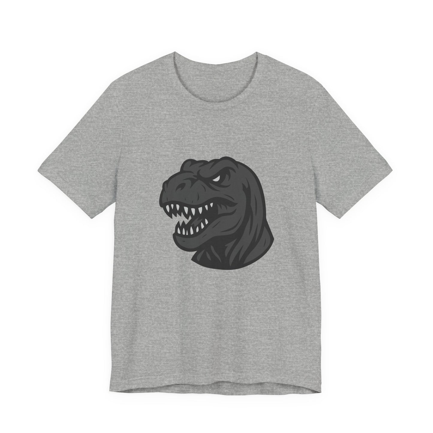 T-Rex Profile Graphic T-Shirt – Dark Theme Grayscale Dinosaur Head on Black Tee with Prehistoric Power and Modern Ghost Effect. Unisex Jersey Short Sleeve Tee