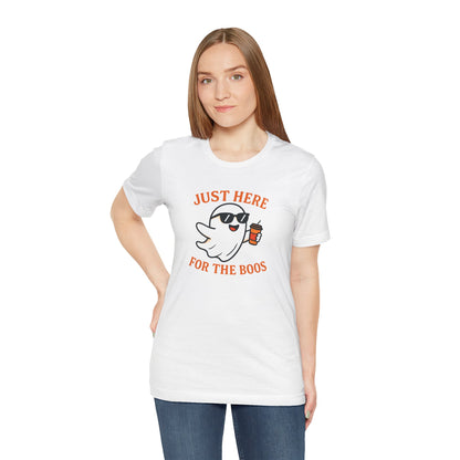 Just Here for the Boos Halloween Shirt – Funny Ghost Drinking Coffee Graphic Tee for Spooky Season