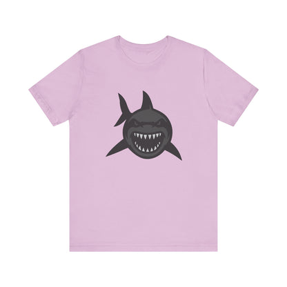 Ferocious Shark Face Graphic Tee with a Bold Bite – Dark Theme Ocean Predator Shirt in Black and Grey. Unisex Jersey Short Sleeve Tee