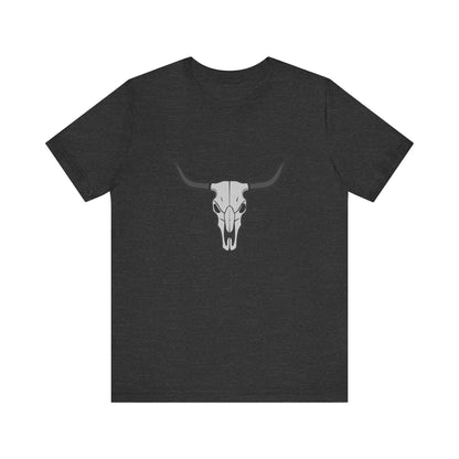 Dark Theme Steer Skull Shirt – Western Cow Skull Graphic in Grey and Black for Desert Gothic Vibes. Unisex Jersey Short Sleeve Tee