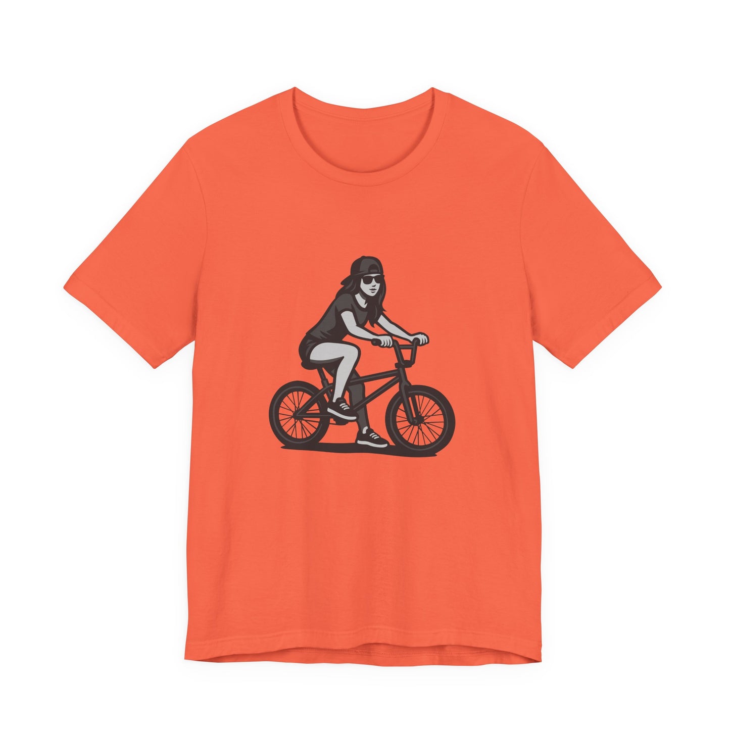 Cool Girl on Bike Graphic T-Shirt – Laid-Back Dark Theme Grayscale Rider Design on Black Tee with Street Style and Subtle Modern Ghost Effect. Unisex Jersey Short Sleeve Tee