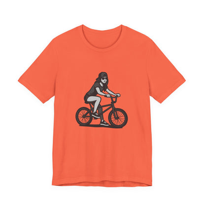 Cool Girl on Bike Graphic T-Shirt – Laid-Back Dark Theme Grayscale Rider Design on Black Tee with Street Style and Subtle Modern Ghost Effect. Unisex Jersey Short Sleeve Tee
