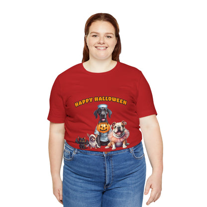Happy Halloween Pet Parade Shirt – Cute Halloween Dogs and Cat in Costumes. Unisex Jersey Short Sleeve Tee