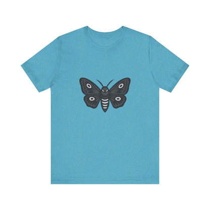 Moth Graphic T-Shirt – Dark Theme Grayscale Winged Insect Design on Black Tee with Gothic Mood and Subtle Modern Ghost Effect. Unisex Jersey Short Sleeve Tee