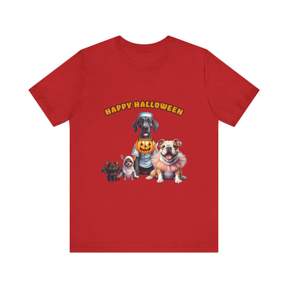 Happy Halloween Pet Parade Shirt – Cute Halloween Dogs and Cat in Costumes. Unisex Jersey Short Sleeve Tee