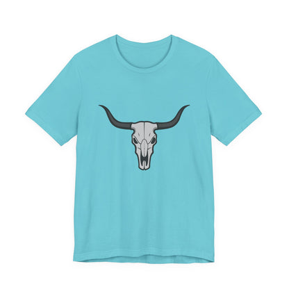 Dark Theme Steer Skull Shirt – Western Cow Skull Graphic in Grey and Black for Desert Gothic Vibes. Unisex Jersey Short Sleeve Tee
