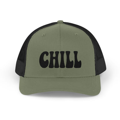 Chill Trucker Hat – Embroidered Relaxed Script Hat for Easygoing Vibes and Everyday Cool. Black Letters