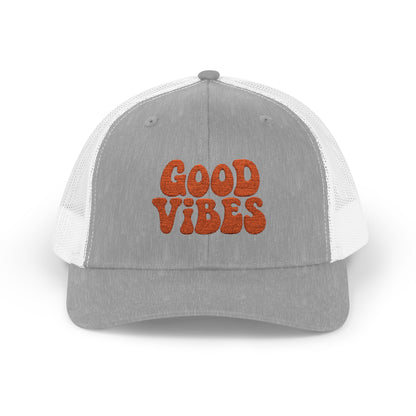 Good Vibes Trucker Hat – Embroidered Retro Text Hat for Positive Vibes, Chill Style, and Everyday Feel-Good Energy. Orange Letters