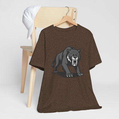 Saber-Tooth Tiger Graphic Tee Dark Theme – Fierce Prehistoric Vector Design with Modern Edge