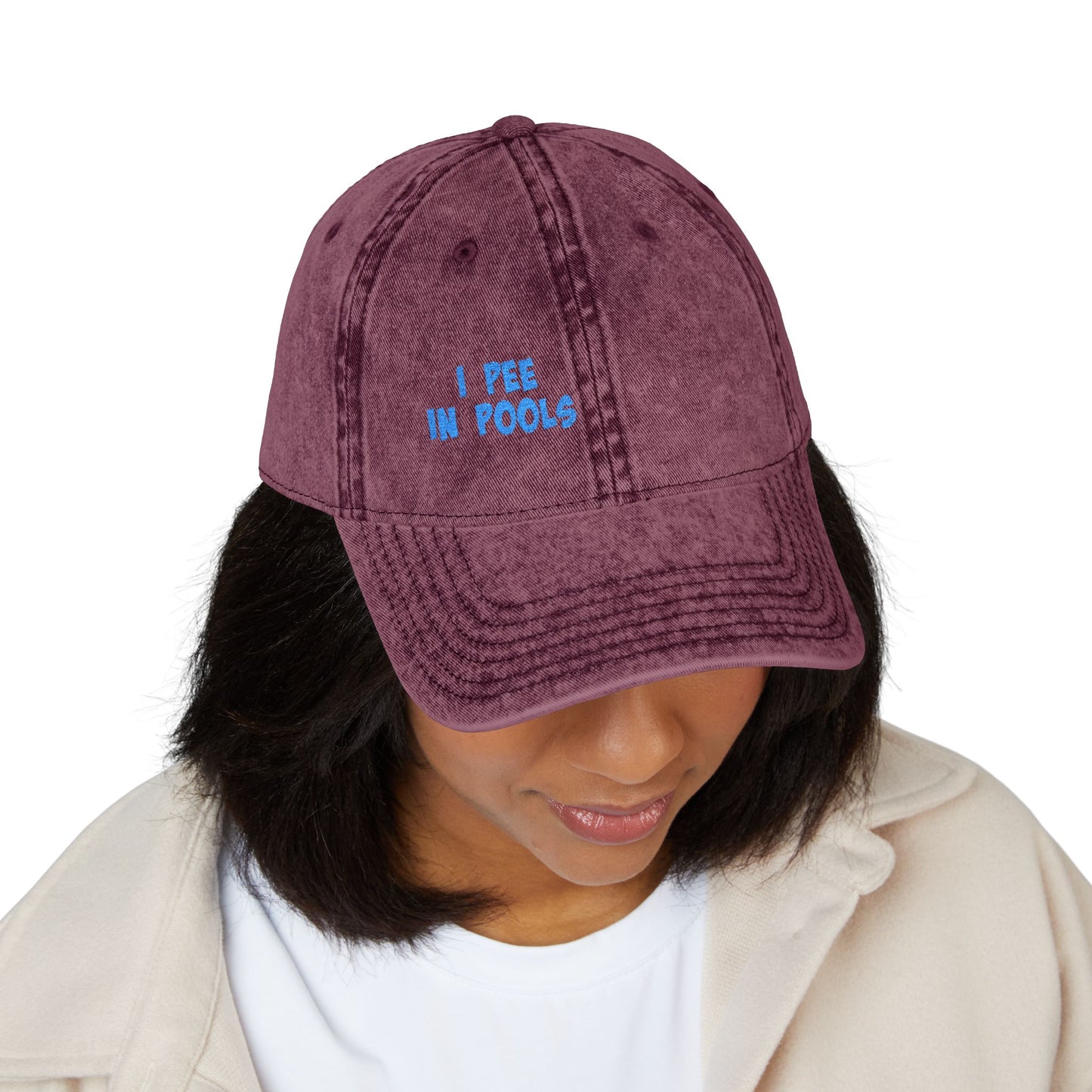 I Pee In Pools Vintage Hat – Funny Hat with Bold Blue Text for Lifeguard Terrors and Poolside Menaces