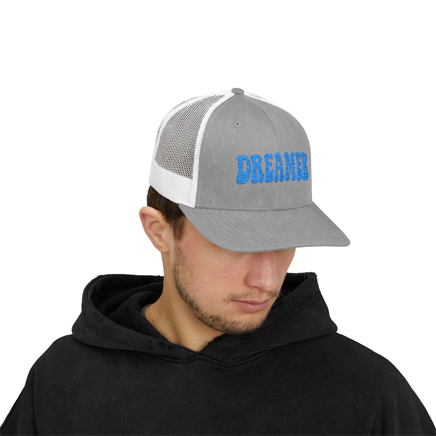 Dreamer Trucker Hat – Embroidered Minimalist Script Hat for Visionaries, Creatives, and Chill Daydreamers. Blue Letters