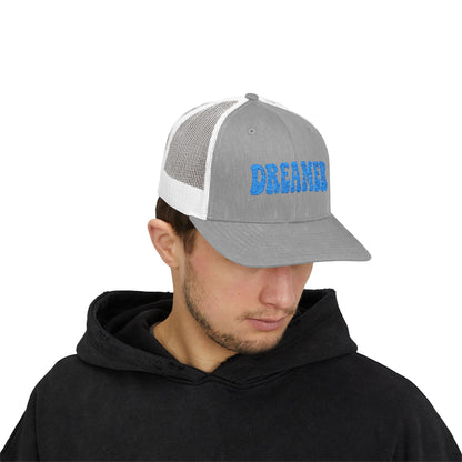Dreamer Trucker Hat – Embroidered Minimalist Script Hat for Visionaries, Creatives, and Chill Daydreamers. Blue Letters