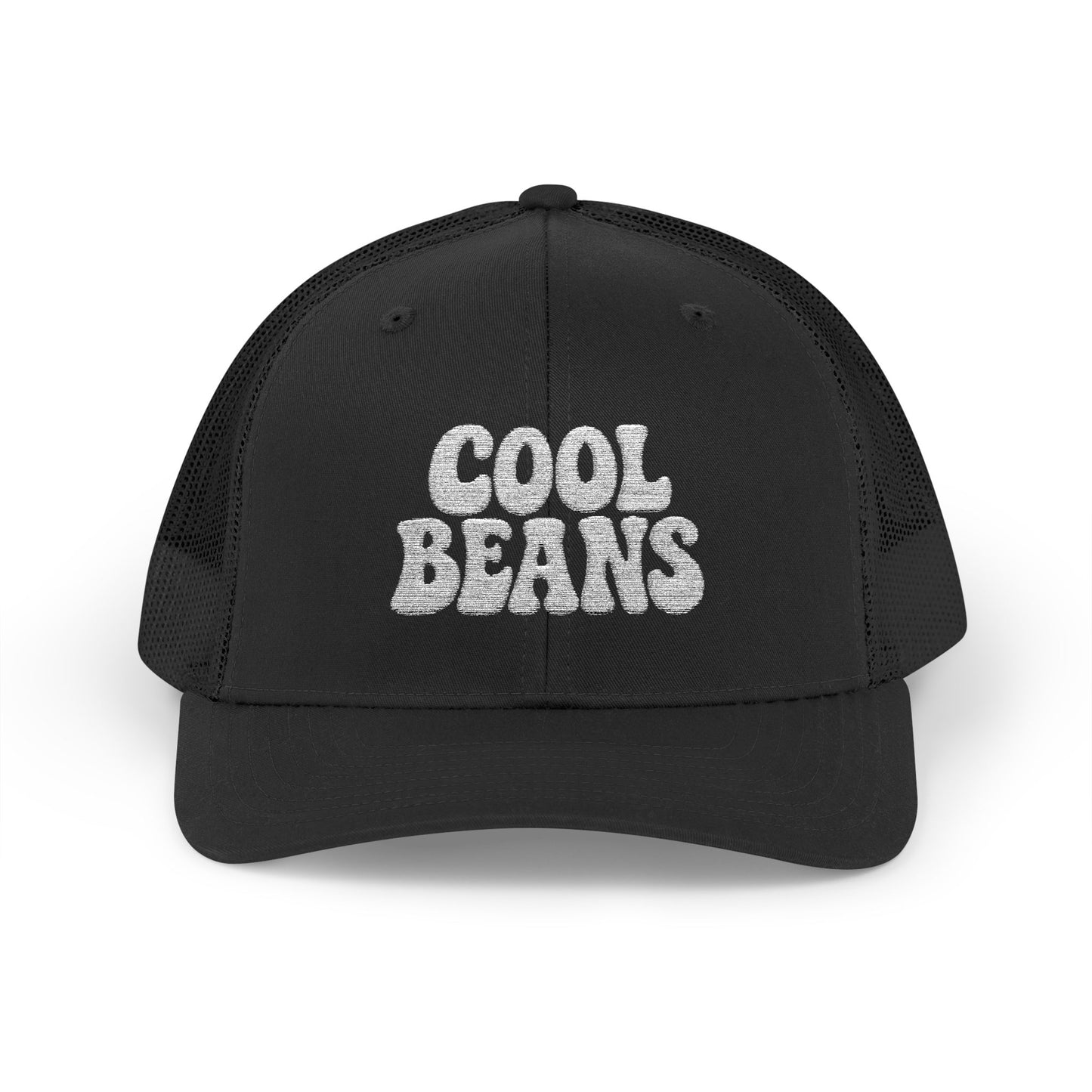 Cool Beans Trucker Hat – Embroidered Funny Minimalist Hat for Dry Humor and Casual Vibes. White Letters