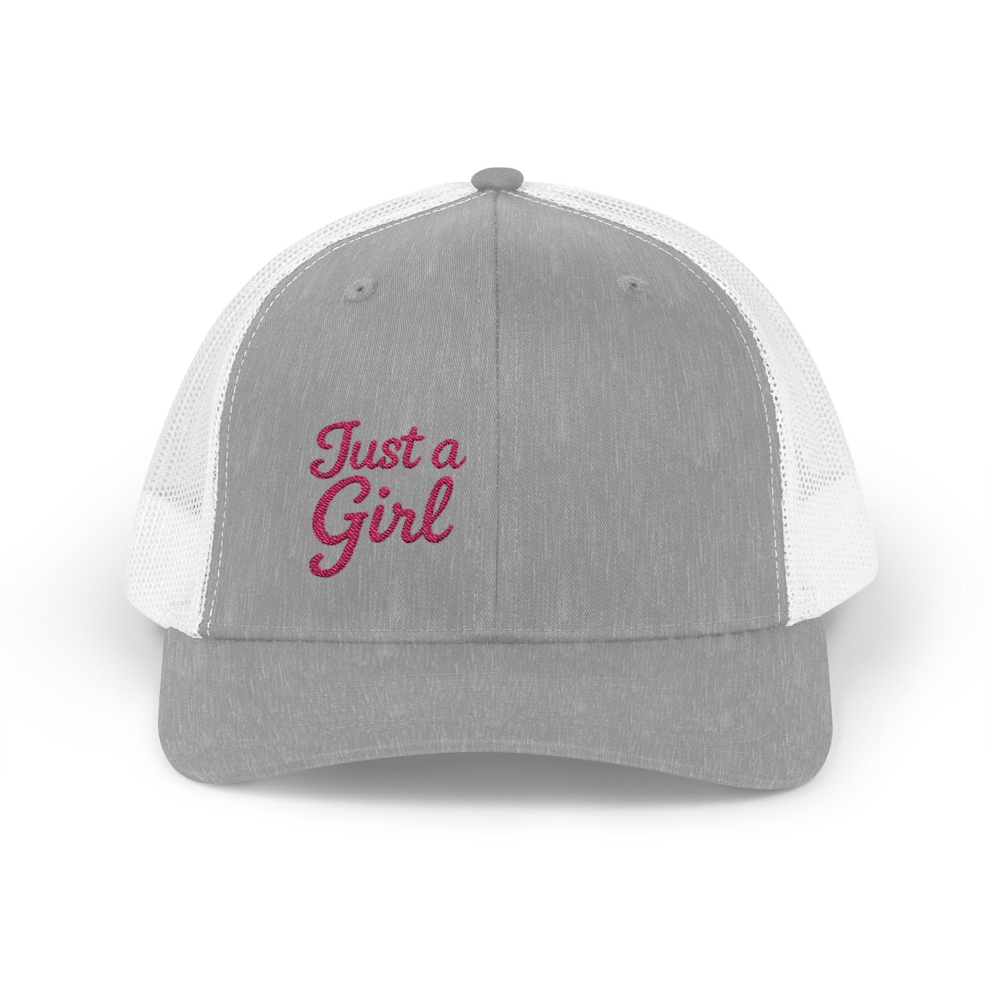 Just a Girl Trucker Hat – Minimalist Script Hat with Bold Feminine Energy and Classic Style. Pink Letters